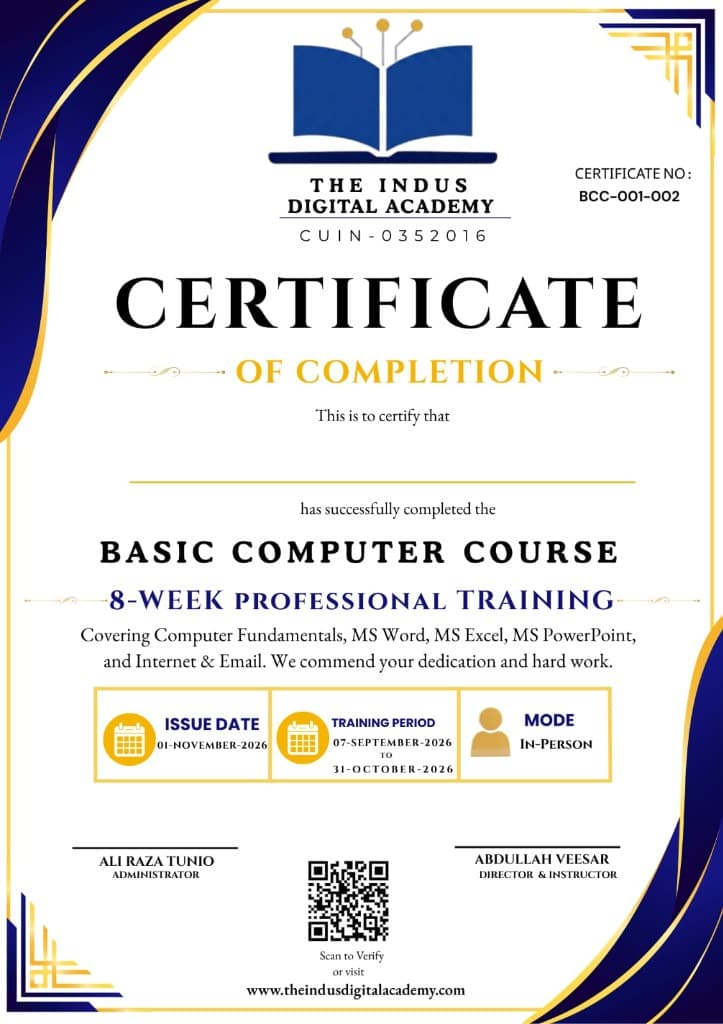 The Indus Digital Academy Certificate of Completion Specimen